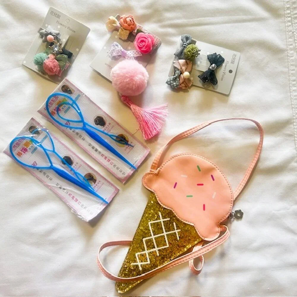 Girls Bits and Bobs Age 2 to 6 Hair Adornments Purse Pencil Bag etc read